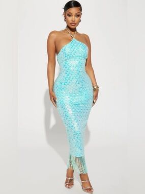 Fashion Nova Aqua Blue Sequin Halter Fringe Midi Dress